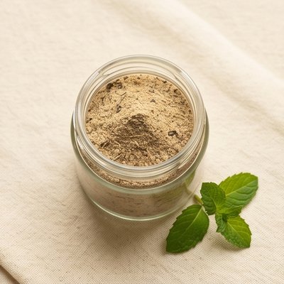 A glass jar of buttermilk spice powder with fresh mint leaves beside it